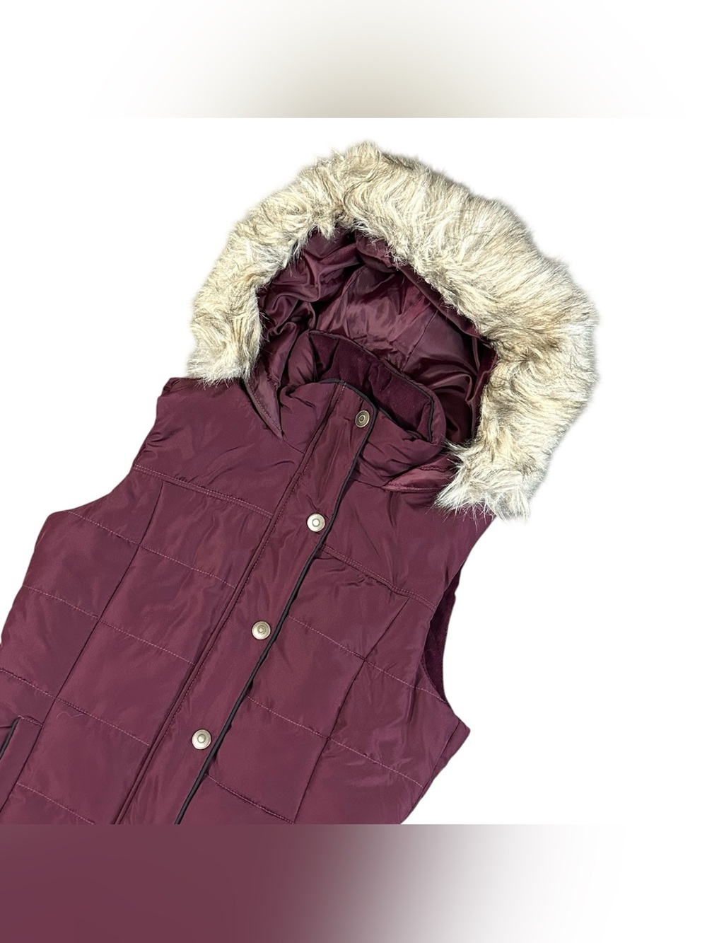 Prince & Fox Burgundy Puffer Vest Faux Fur Hood Women’s Small